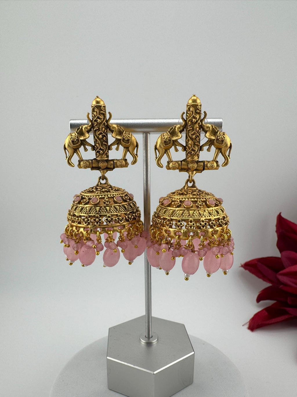Amrapali inspired Premium Pink stones and pearls jhumka, Matt Gold designer earrings