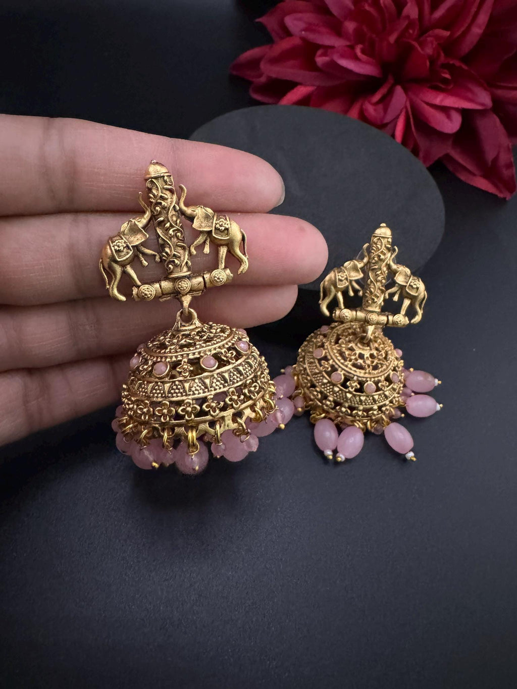 Amrapali inspired Premium Pink stones and pearls jhumka, Matt Gold designer earrings