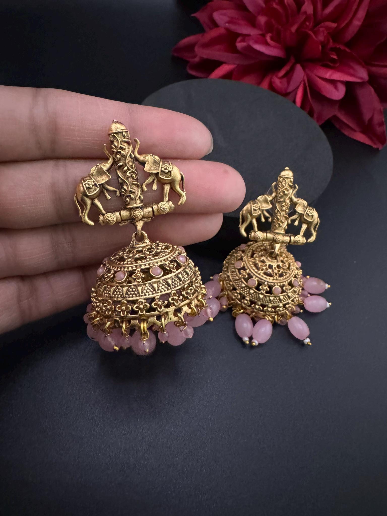Amrapali inspired Premium Pink stones and pearls jhumka, Matt Gold designer earrings
