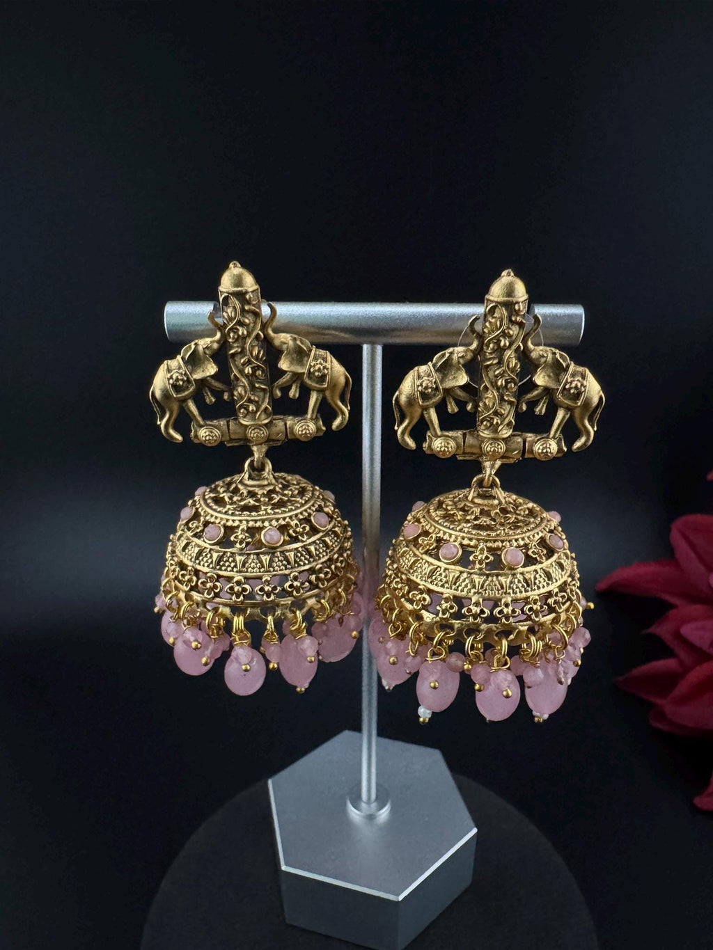 Amrapali inspired Premium Pink stones and pearls jhumka, Matt Gold designer earrings