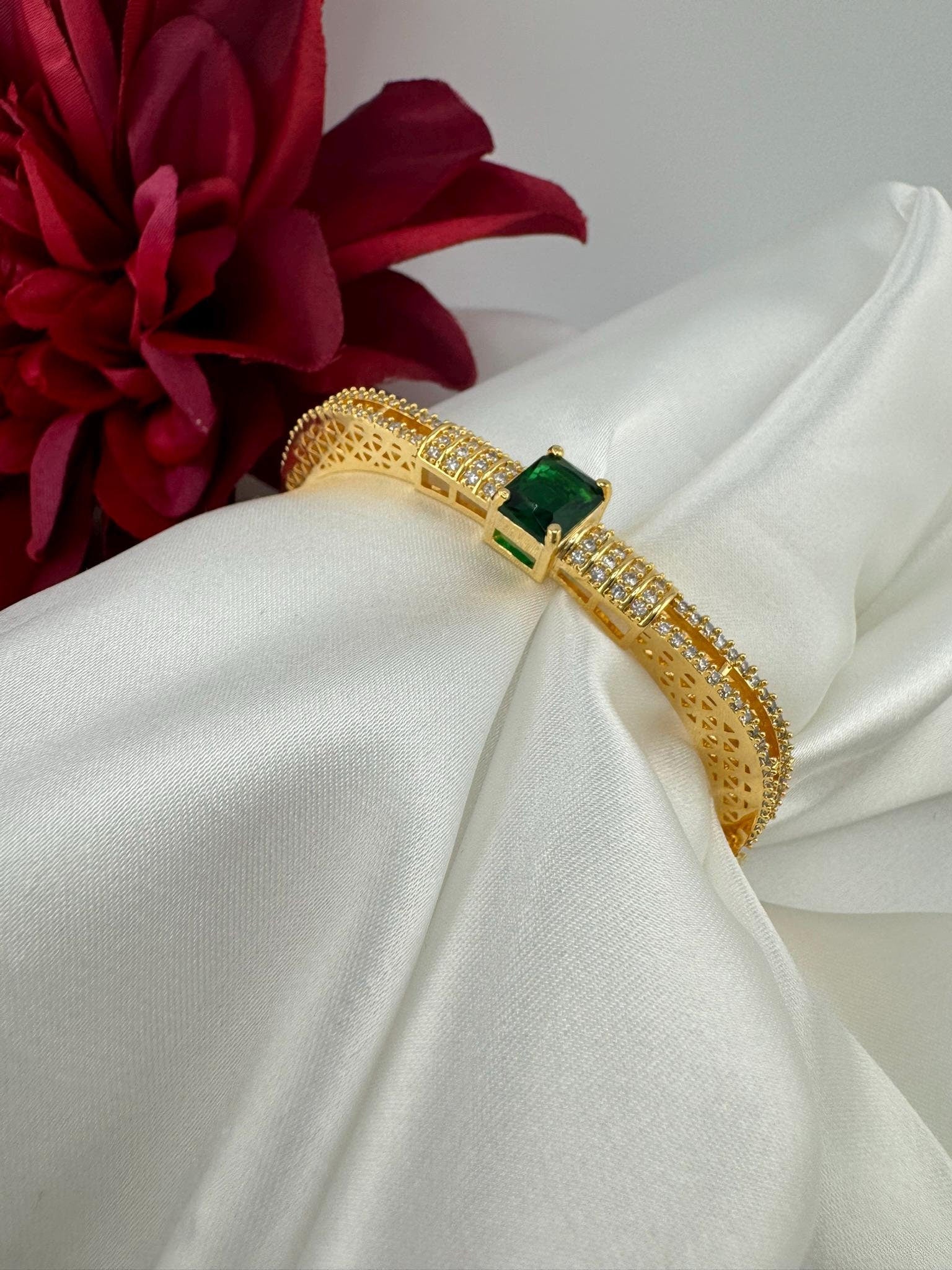 High Quality Gold Polish Green stone, CZ Openable Bracelet Designer bracelet/Statement Bracelet/Indian Jewelry/Openable bangle/Square mesh