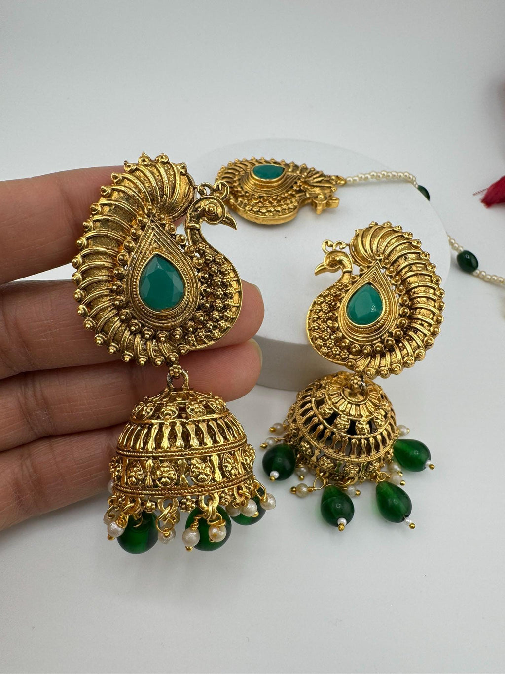 Amrapali inspired Premium Green stones and pearls jhumka, Matt Gold designer earrings