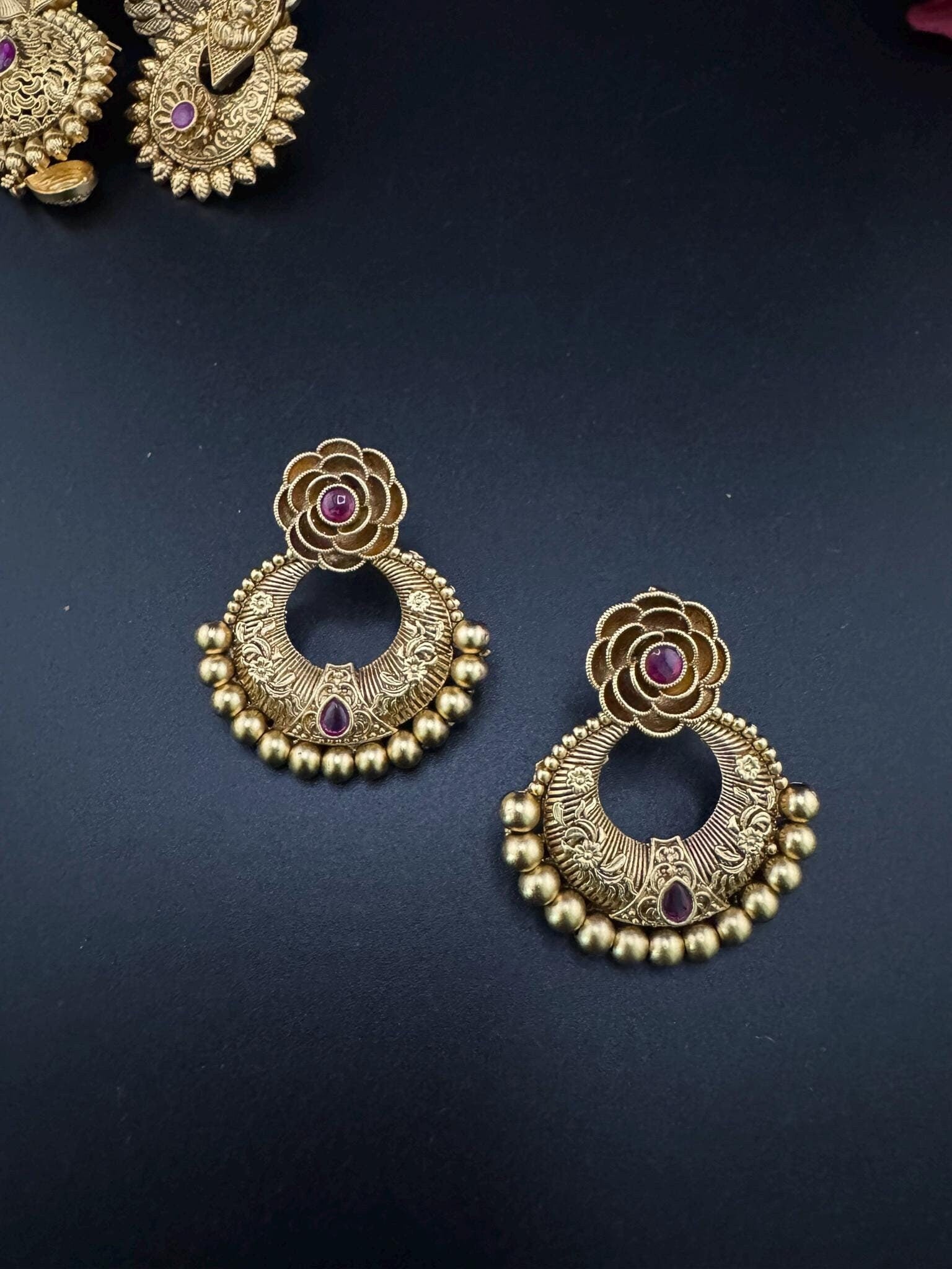 Premium Ruby and Pachi kundan Chand Bali in Matt Gold and Pearls is Amrapali inspired designer earrings
