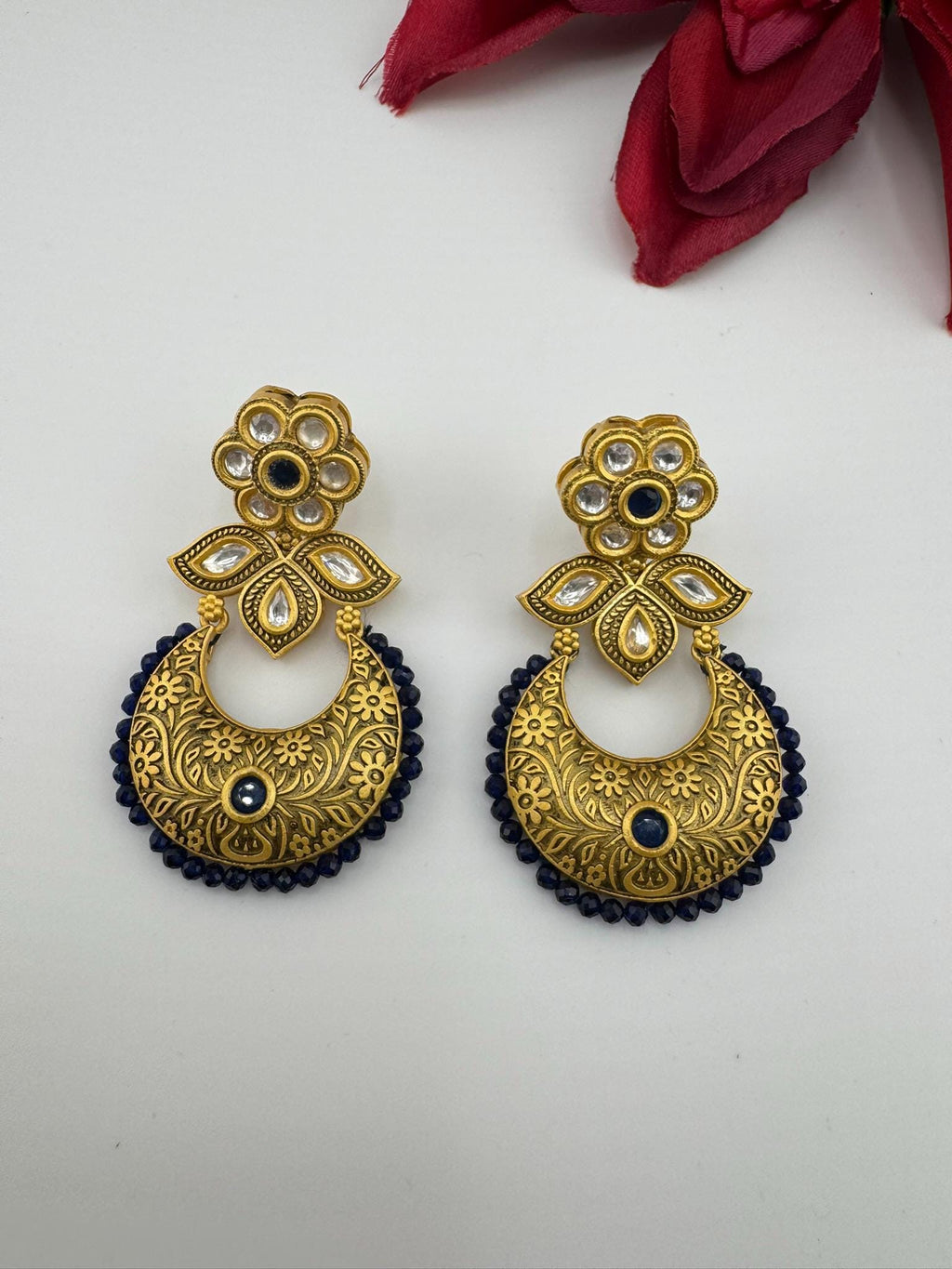 Premium kundan and Blue onyx beads Chand Bali in Matt Gold Amrapali inspired designer earrings
