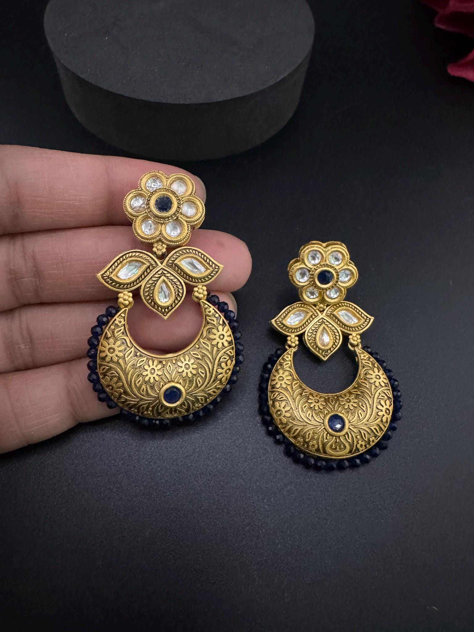 Premium kundan and Blue onyx beads Chand Bali in Matt Gold Amrapali inspired designer earrings