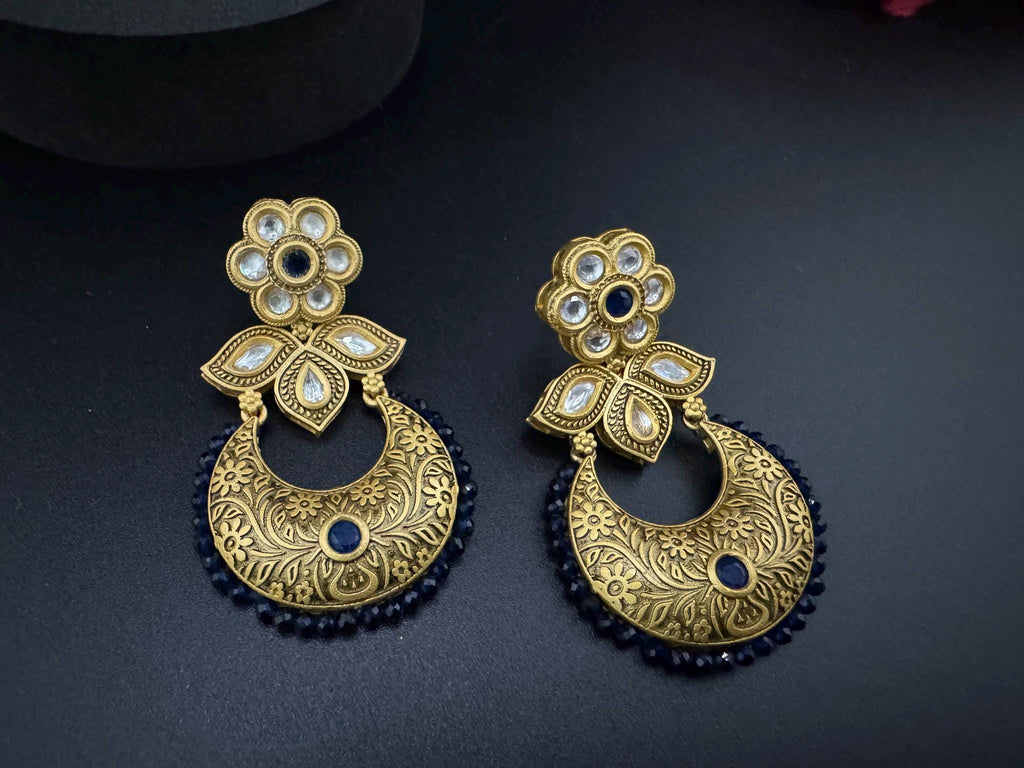 Premium kundan and Blue onyx beads Chand Bali in Matt Gold Amrapali inspired designer earrings