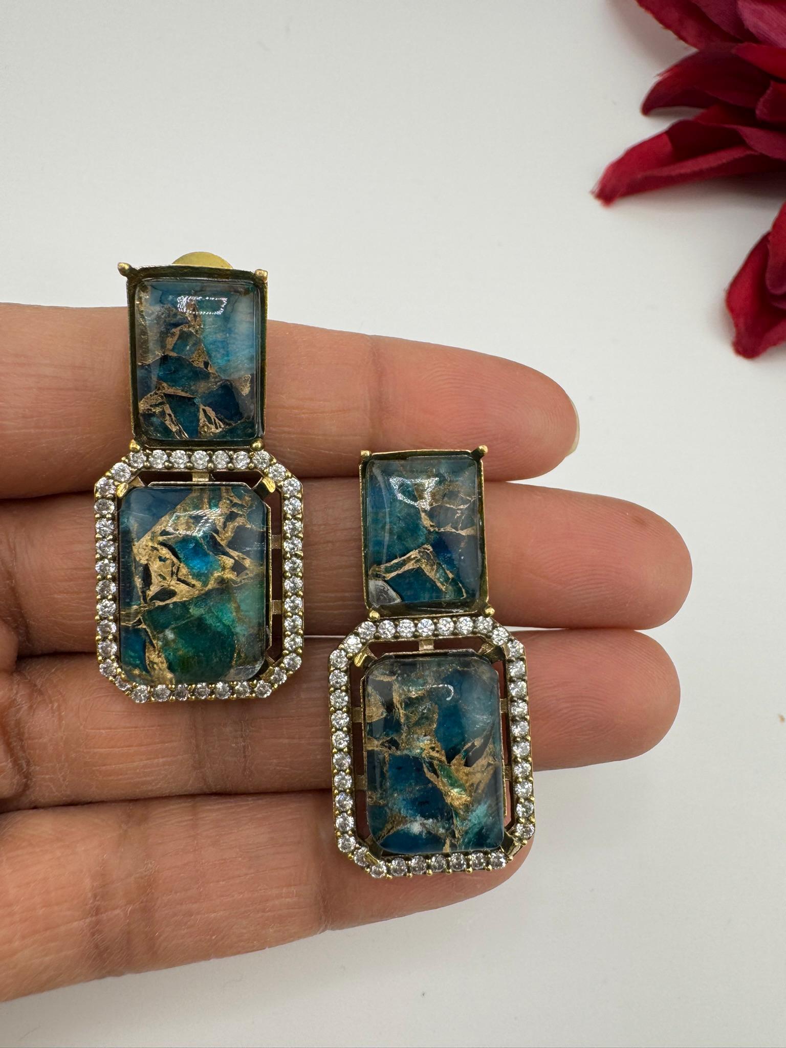 Premium Doublet Marble stone and Cubic Zirconia designer Drop earrings