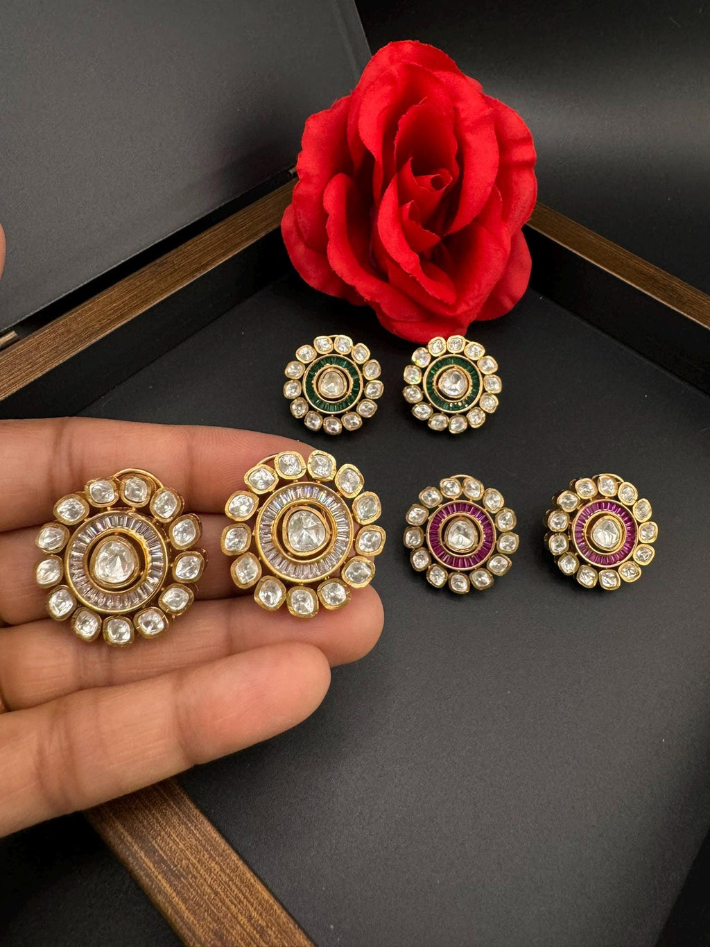 Tyaani Inspired Designer Premium uncut Kundan and CZ in channel setting Big stud earrings