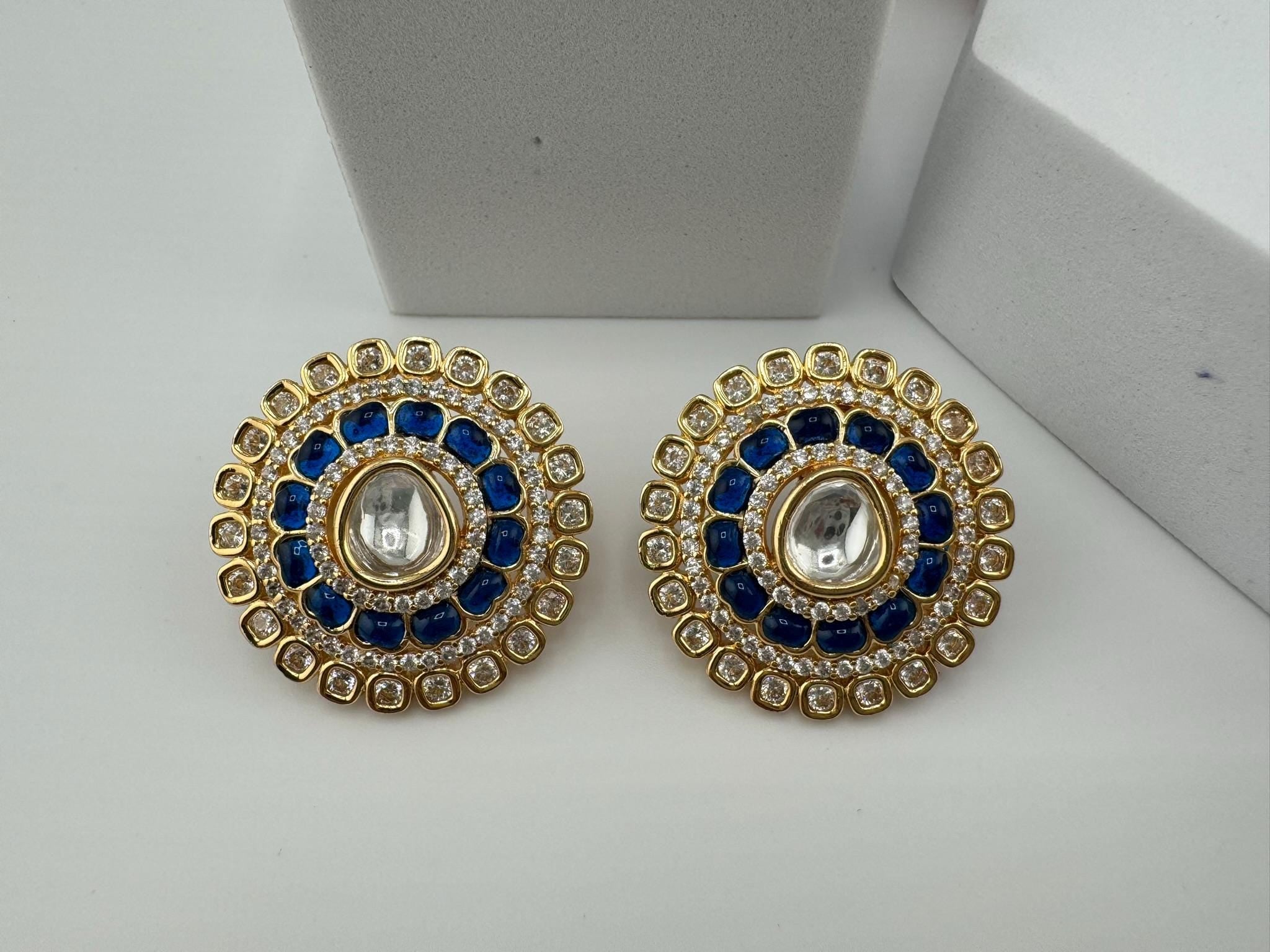 High Quality Premium Moissanite Kundan, CZ and stones is designer Big stud earrings/Big kundan Stud earrings/statement Oversized stud