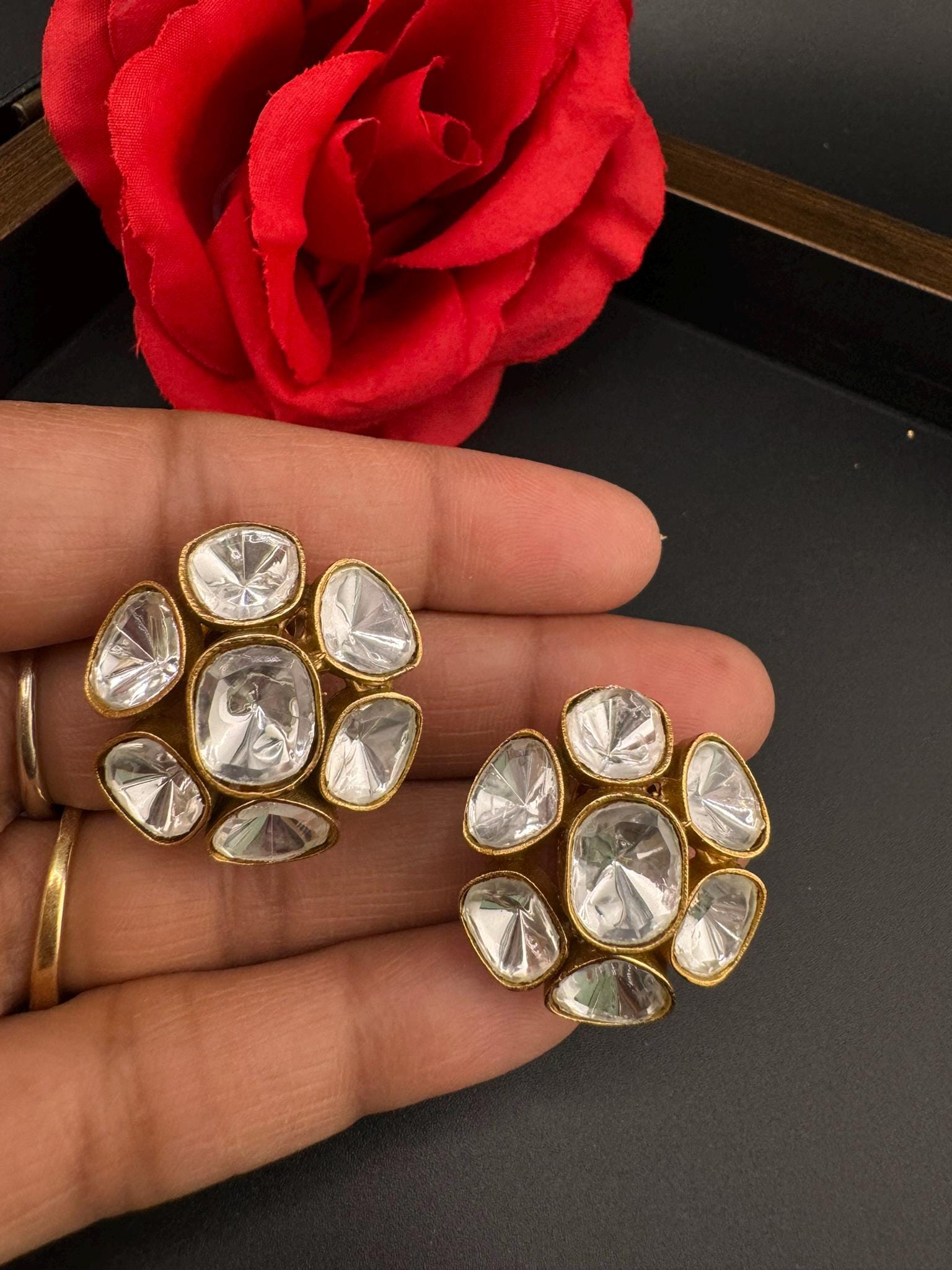 High Quality Premium uncut Kundan in unique setting is designer stud earrings with back support/uncut kundan Stud earrings/statement stud