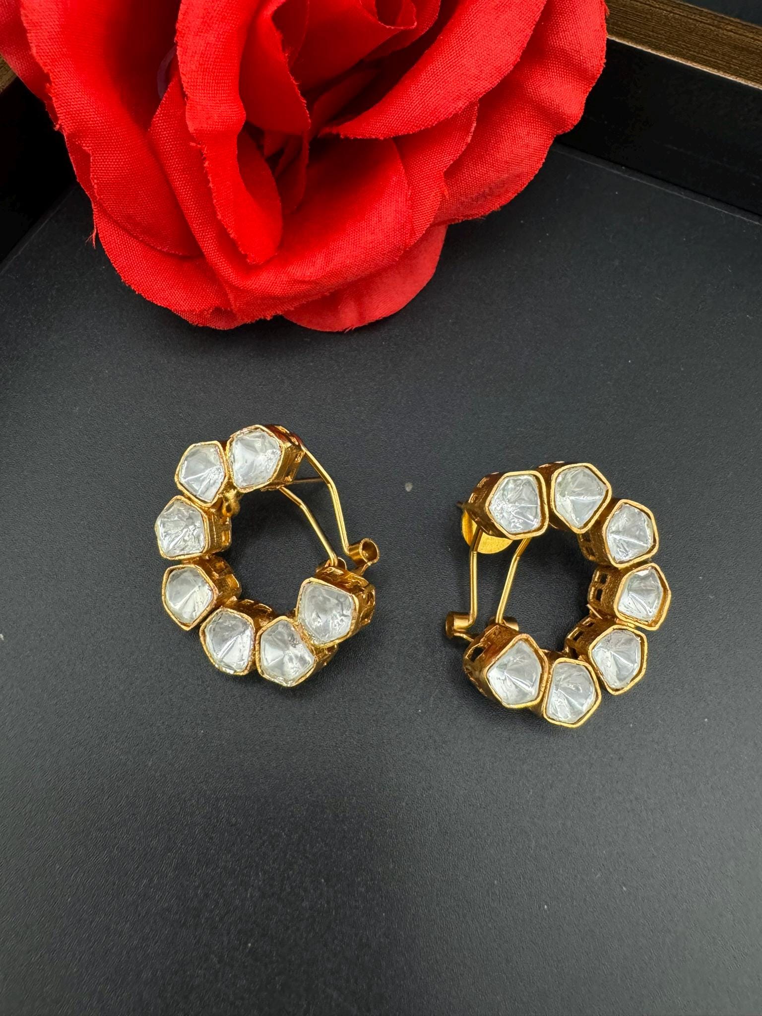 High Quality Premium uncut Kundan in unique setting is designer stud earrings with back support/uncut kundan Stud earrings/statement stud