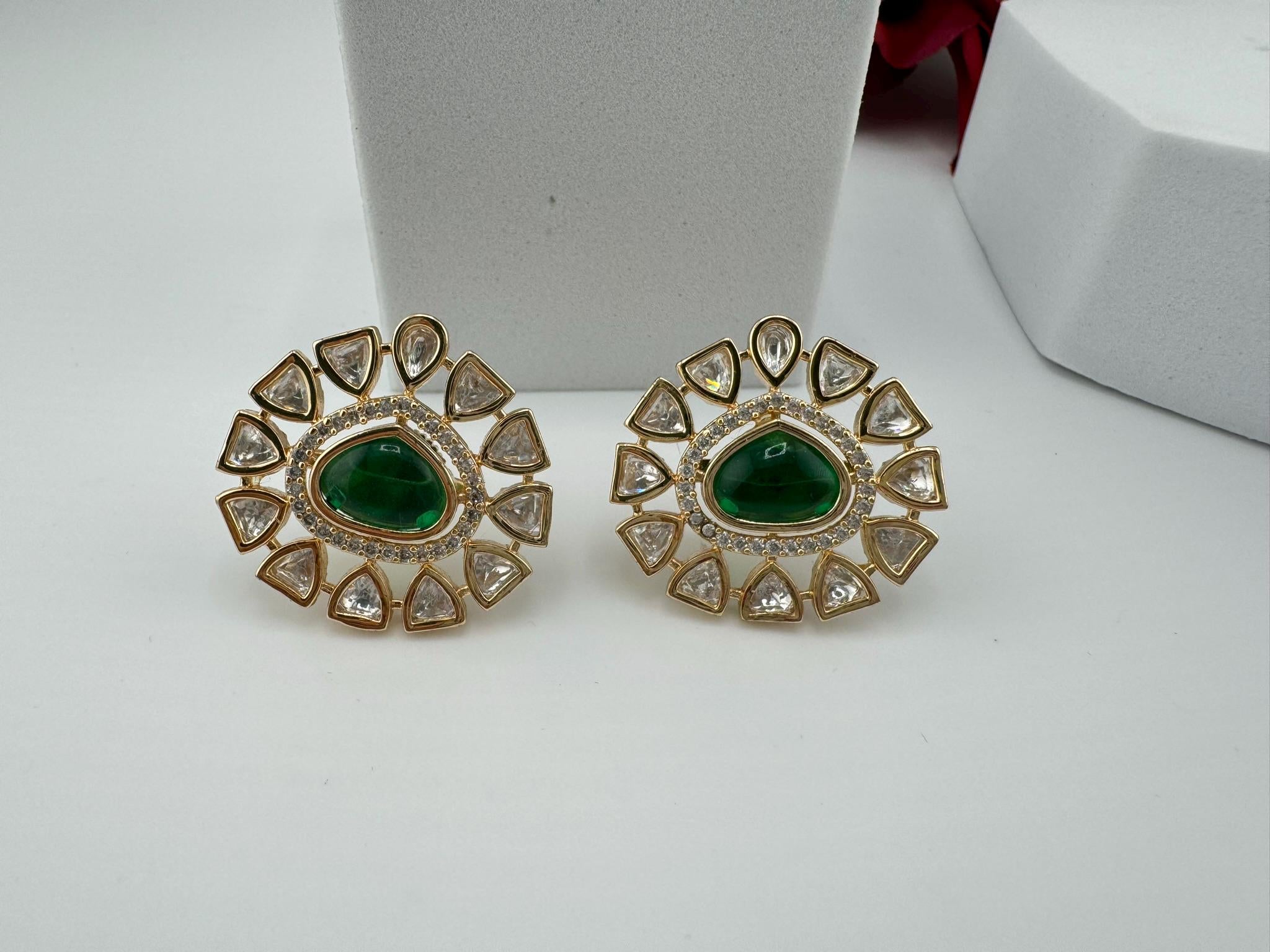 High Quality Premium Moissanite Kundan, CZ and Green stone is designer Big stud earrings/Big kundan Stud earrings/statement Oversized stud