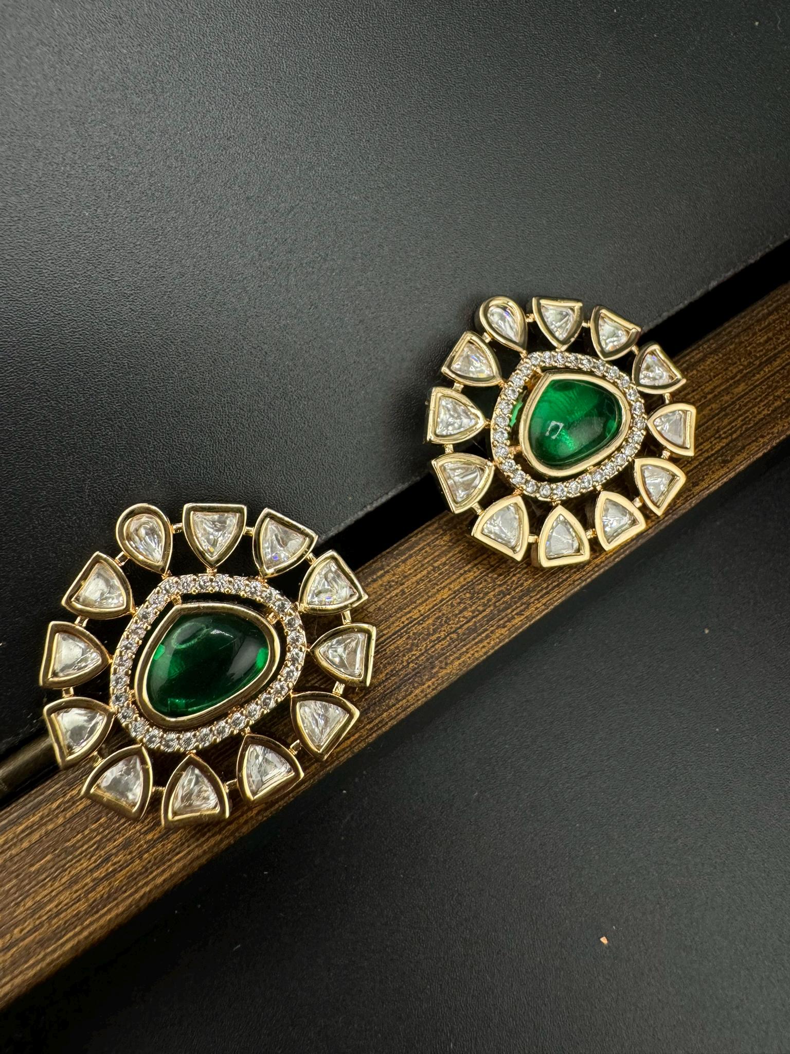 High Quality Premium Moissanite Kundan, CZ and Green stone is designer Big stud earrings/Big kundan Stud earrings/statement Oversized stud