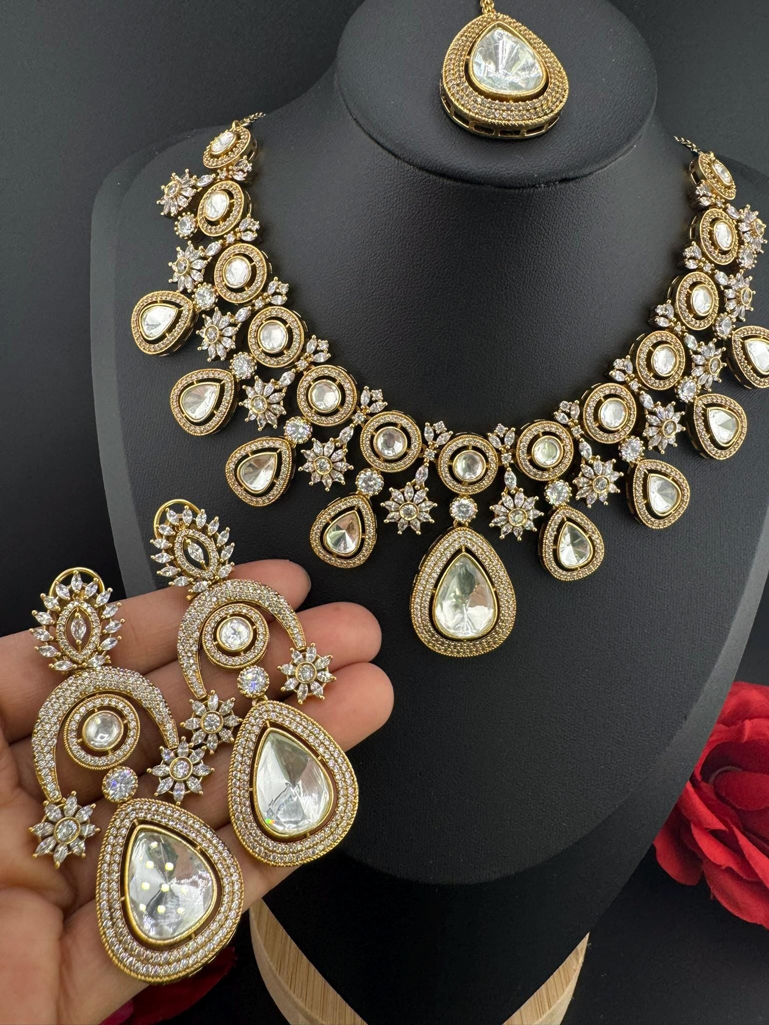 Premium Quality Moissanite Kundan, Cubic Zirconia is Designer Heavy Necklace set with long earrings and Tikka/Indian jewelry/Bridal necklace
