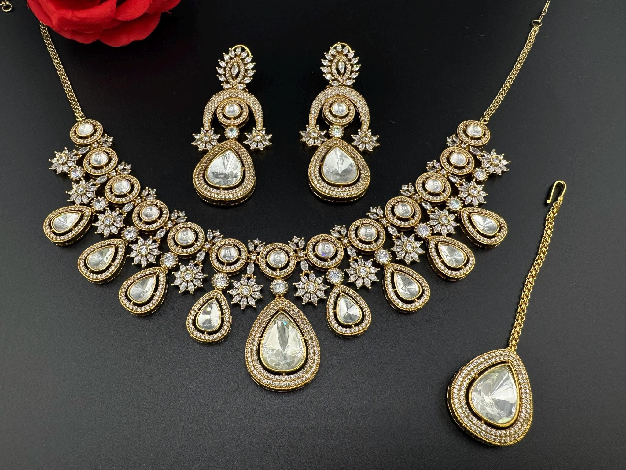 Premium Quality Moissanite Kundan, Cubic Zirconia is Designer Heavy Necklace set with long earrings and Tikka/Indian jewelry/Bridal necklace