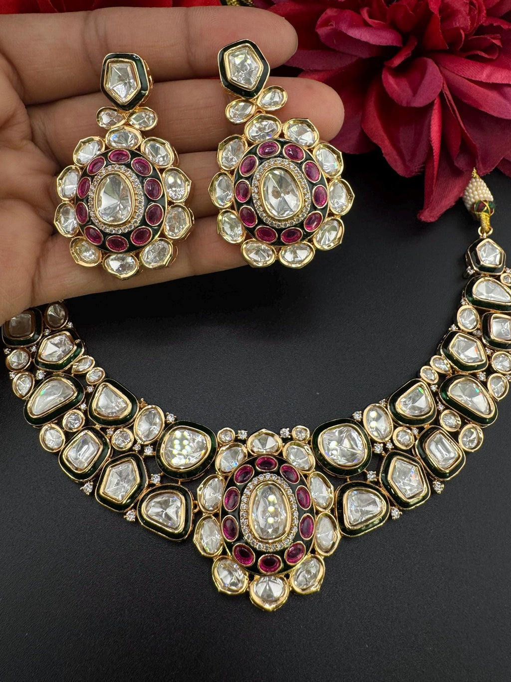 Bridal Premium Quality Moissanite Kundan, Italian Minakari, CZ, Stones Tyaani Inspired Necklace set with earrings