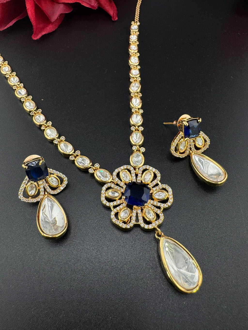 Premium Quality Moissanite Kundan, CZ,blue stone is Tyaani inspired Designer Necklace set with Kundan earrings
