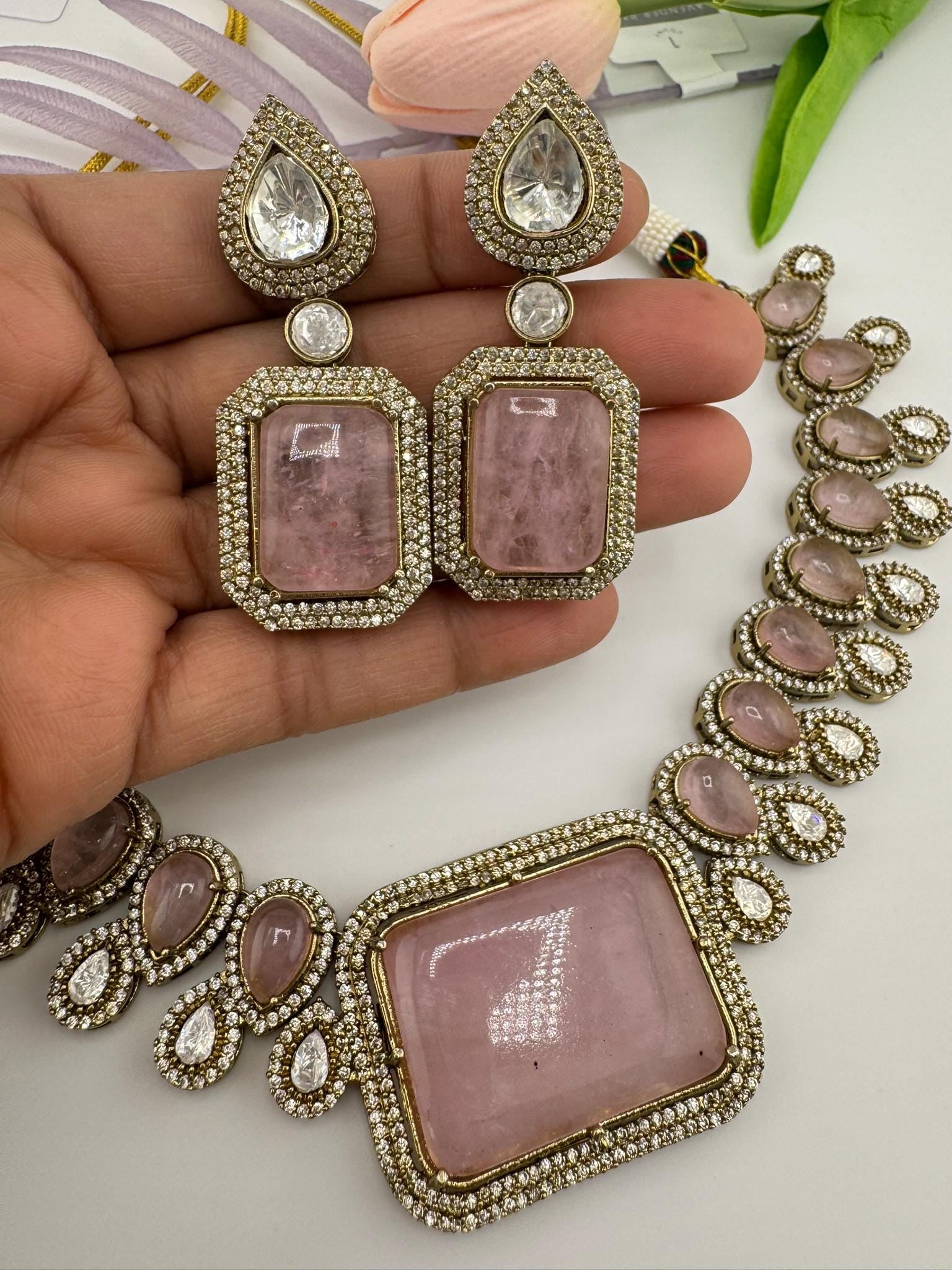 Baby Pink Premium  Doublet stone and Moissanite Uncut Kundan Designer necklace set