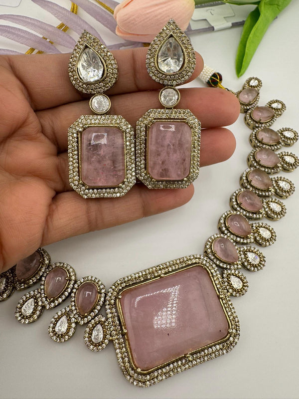 Baby Pink PremiumDoublet stone and Moissanite Uncut Kundan Designer necklace set
