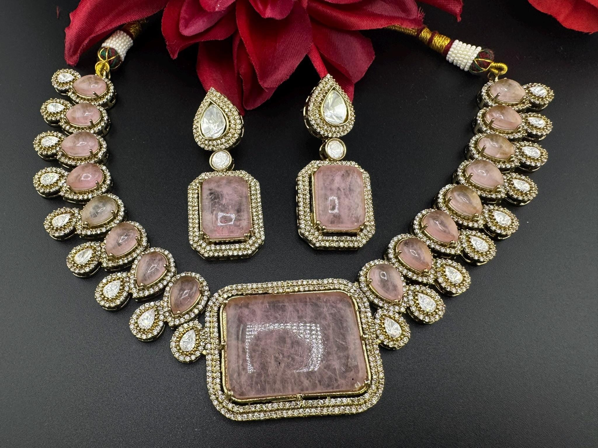 Baby Pink Premium Quality Moissanite Uncut Kundan, Doublet stones is Designer Heavy necklace set/Bridal Necklace with earring/Indian Jewelry