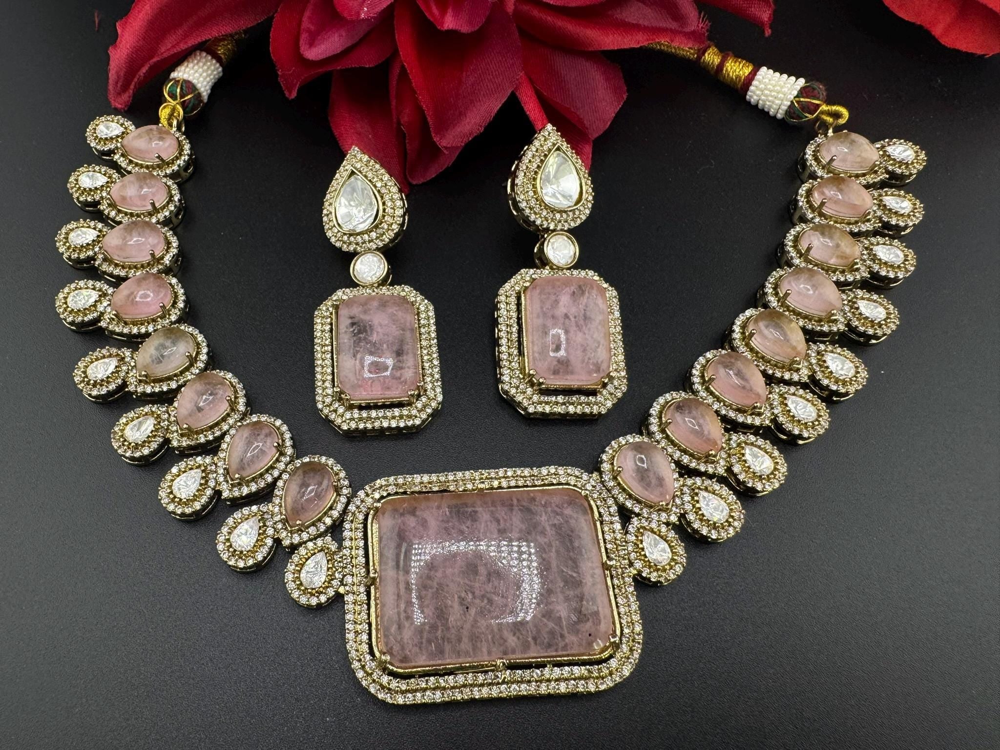Baby Pink Premium  Doublet stone and Moissanite Uncut Kundan Designer necklace set