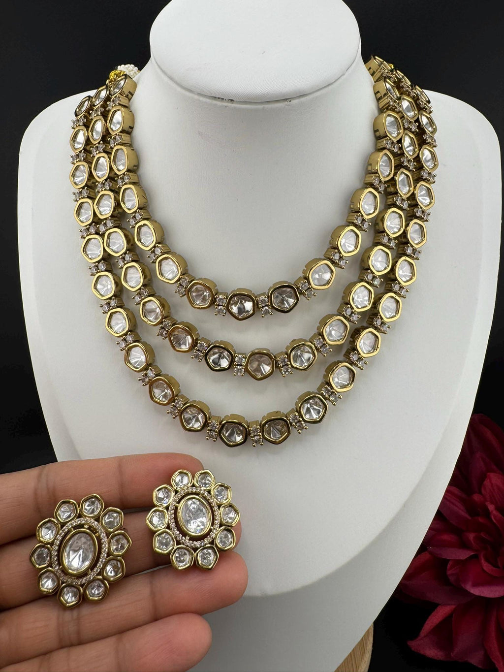 HOT SELLER!!! Premium Quality Moissanite Kundan 3Layer set is Tyaani inspired Designer Necklace set with Stud earring