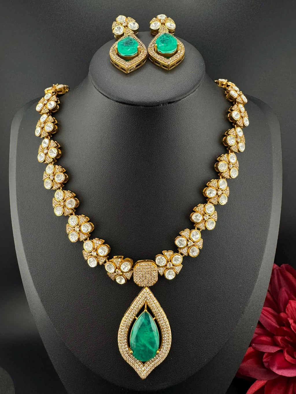 Polki Premium Moissanite Kundan, CZ, Turquoise Doublet Stone Long Necklace set with earrings