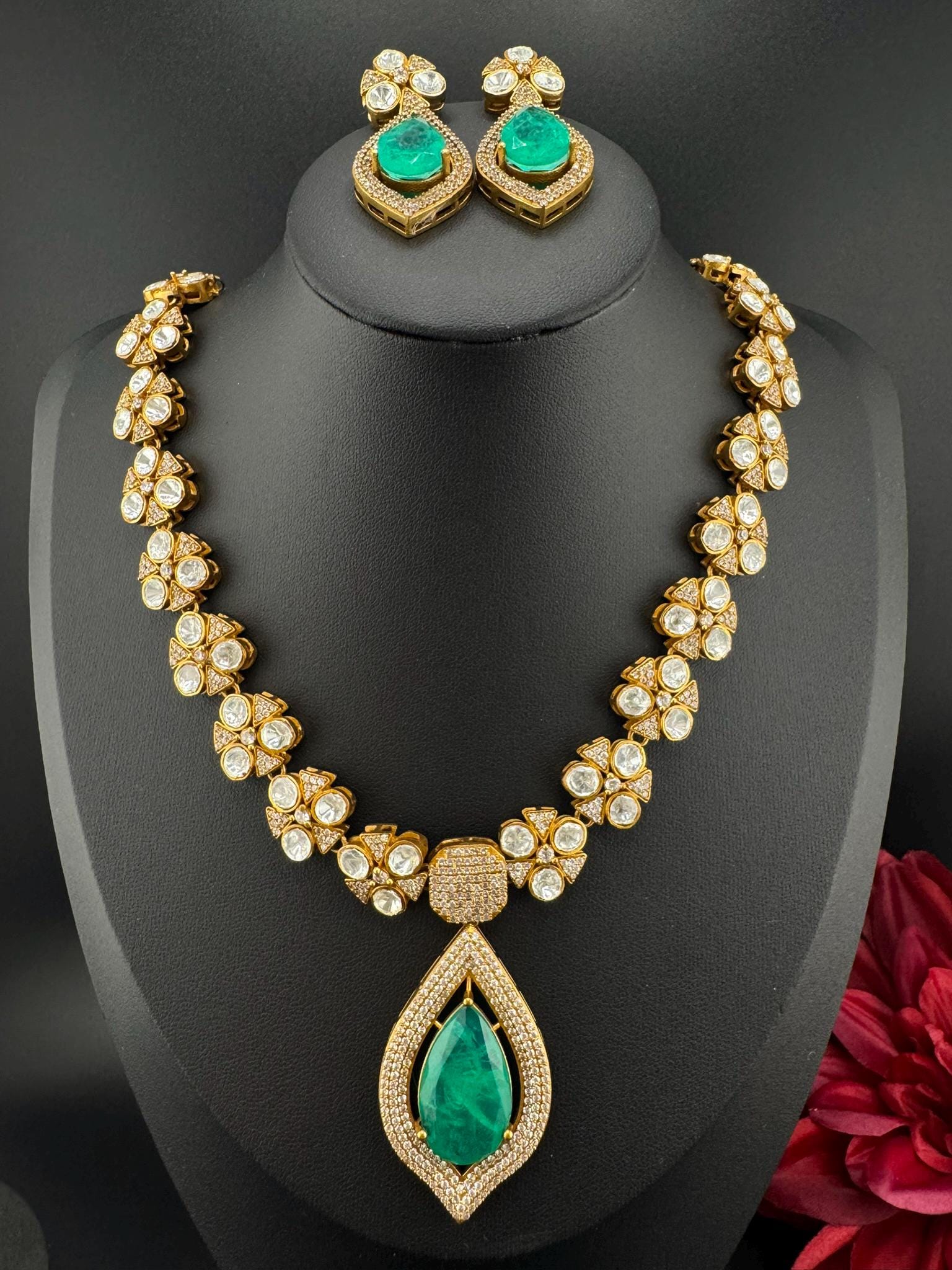 Polki Premium Moissanite Kundan, CZ, Turquoise Doublet Stone Long Necklace set with earrings