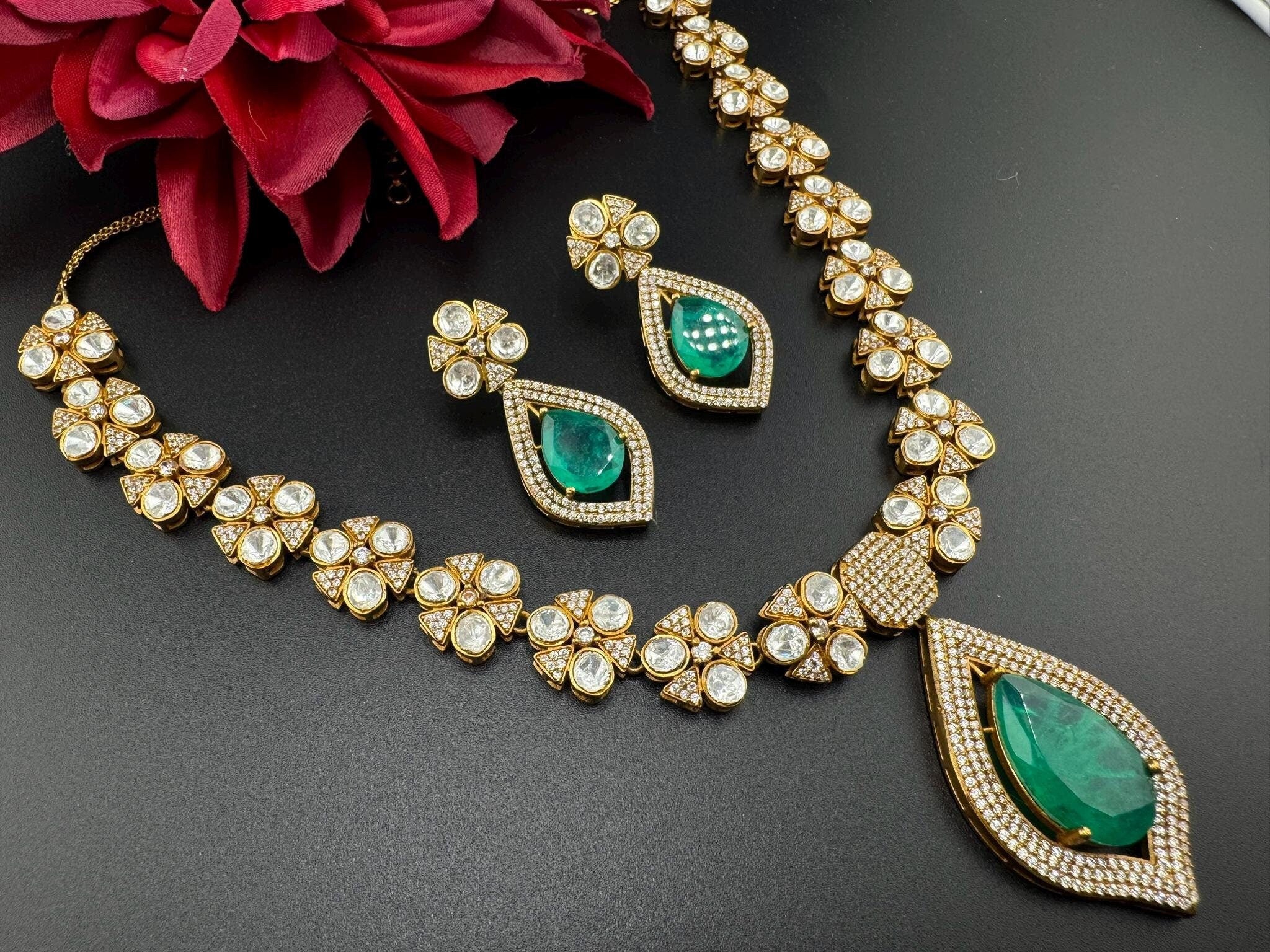 Polki Premium Moissanite Kundan, CZ, Turquoise Doublet Stone Long Necklace set with earring/Indian jewelry/Bridal necklace/Statement Jewelry