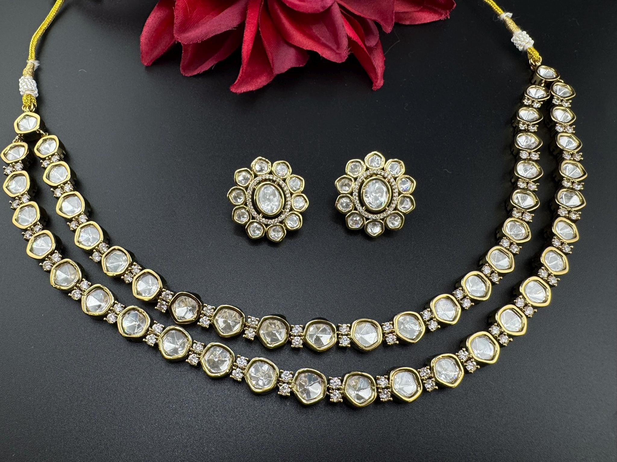 HOT SELLER!!! Premium Quality Moissanite Kundan 2 Layer set is Tyaani inspired Designer Necklace set with Stud earrings