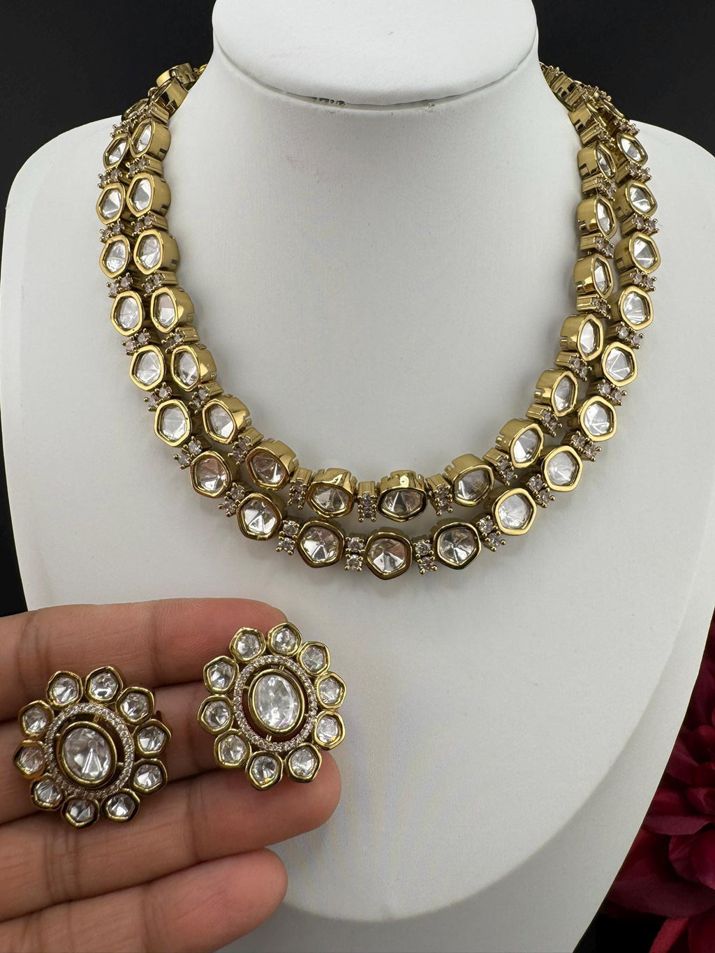 HOT SELLER!!! Premium Quality Moissanite Kundan 2 Layer set is Tyaani inspired Designer Necklace set with Stud earrings