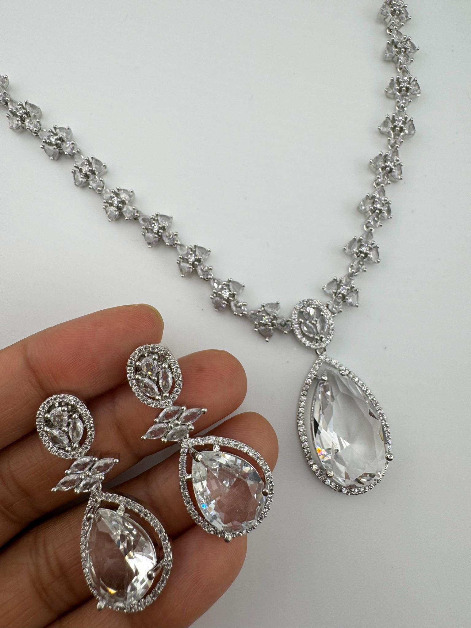 HQ Premium Silver American Diamond(Cubic Zirconia) details, glass stone Necklace set with long earring/necklace set/Bridesmaids gift/Bridal