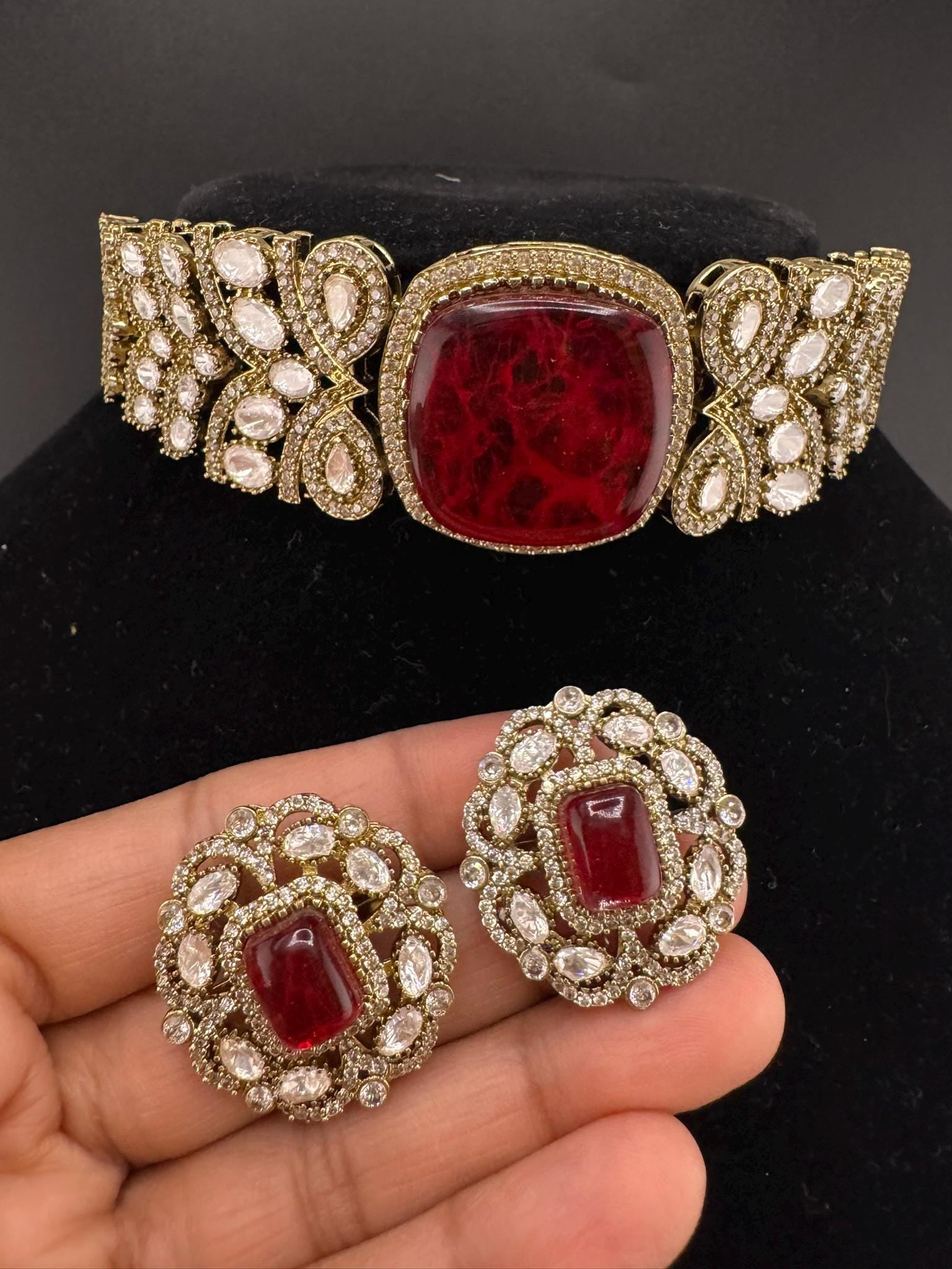 Dark Red Premium Quality Moissanite Kundan, CZ, Doublet stones is Designer Choker necklace set with Big Stud earrings