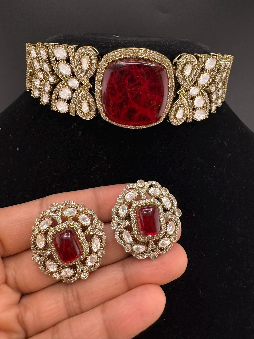 Dark Red Premium Quality Moissanite Kundan, CZ, Doublet stones is Designer Choker necklace set with Big Stud earrings