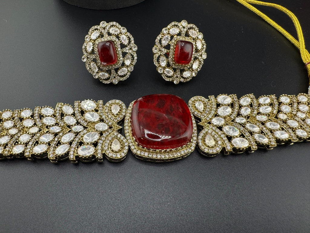 Dark Red Premium Quality Moissanite Kundan, CZ, Doublet stones is Designer Choker necklace set with Big Stud earrings