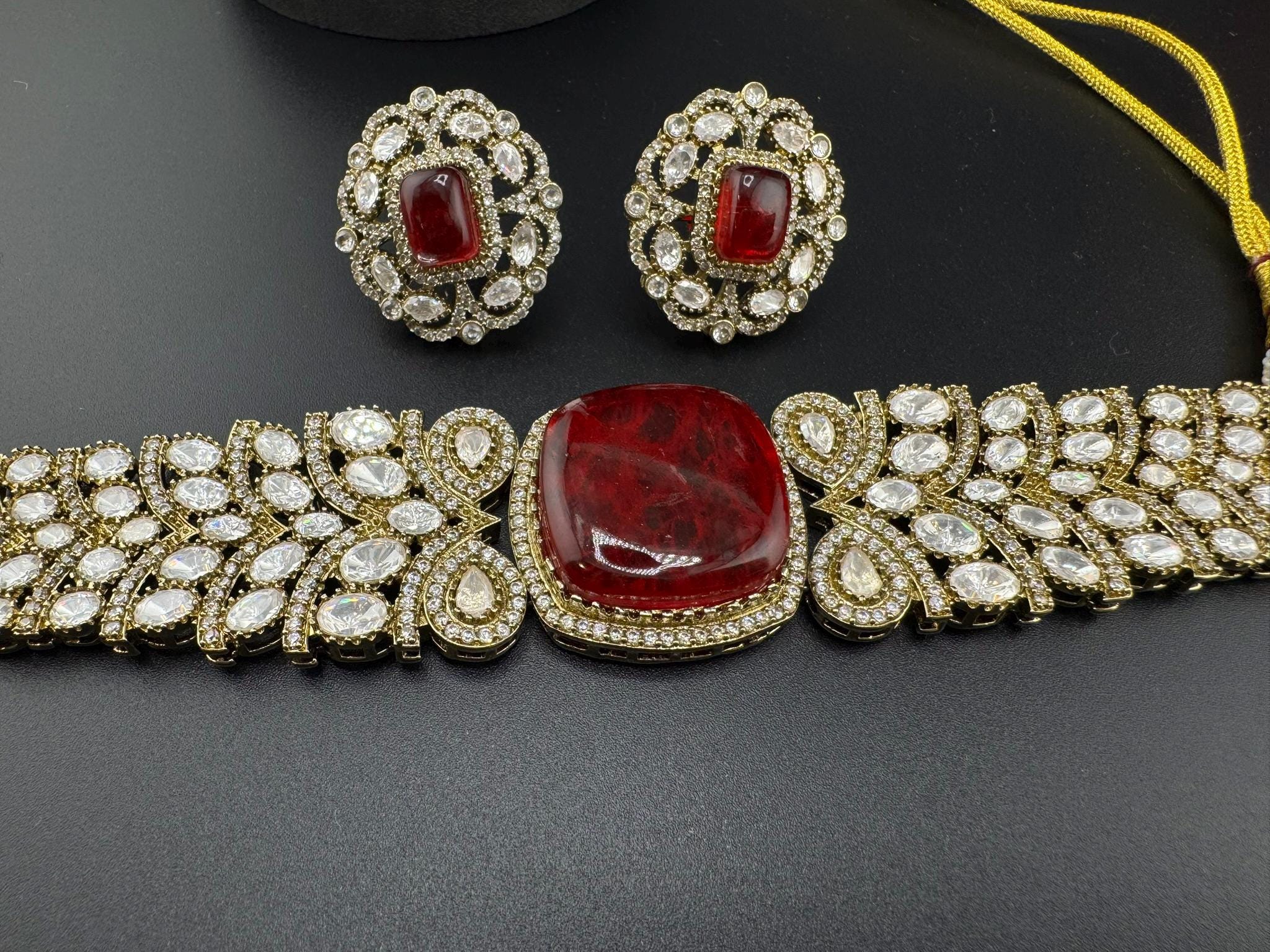 Dark Red Premium Quality Moissanite Kundan, CZ, Doublet stones is Designer Choker necklace set with Big Stud earring/Bridal/Indian Jewelry