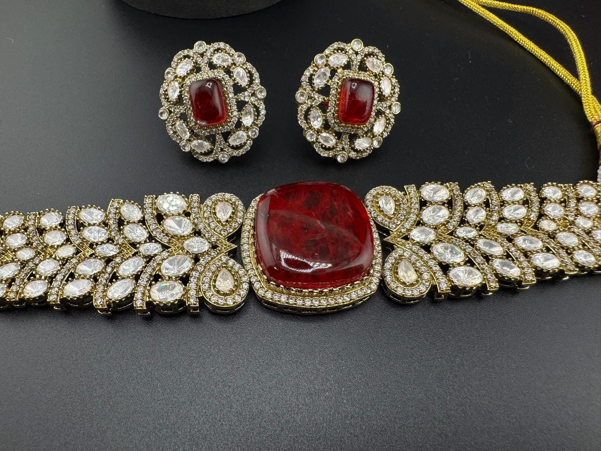 Dark Red Premium Quality Moissanite Kundan, CZ, Doublet stones is Designer Choker necklace set with Big Stud earrings
