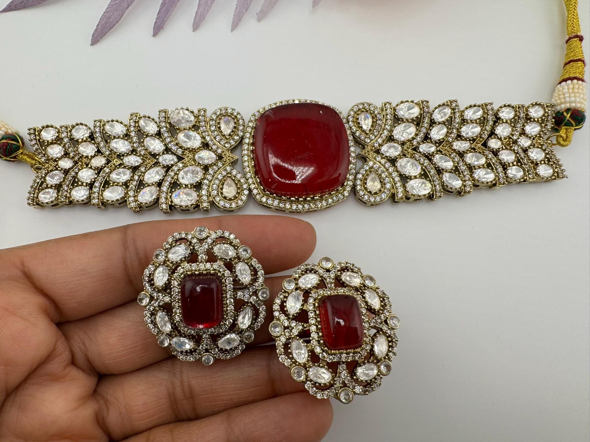 Dark Red Premium Quality Moissanite Kundan, CZ, Doublet stones is Designer Choker necklace set with Big Stud earring/Bridal/Indian Jewelry