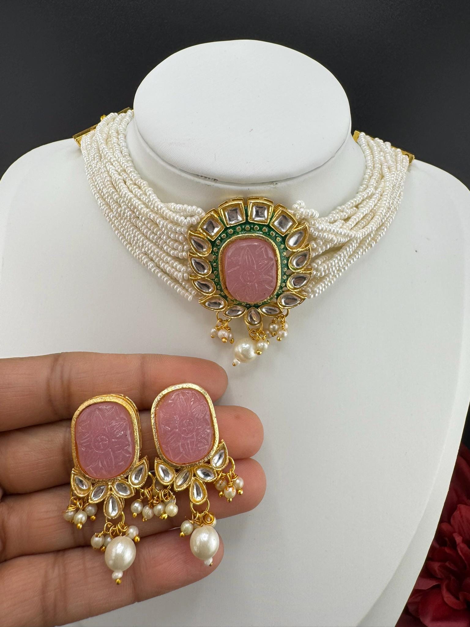 Pink Carved stone and Kundan in small pearls mala Choker Necklace set with studs earring/Indian jewelry/Everyday choker set/Bridesmaids gift