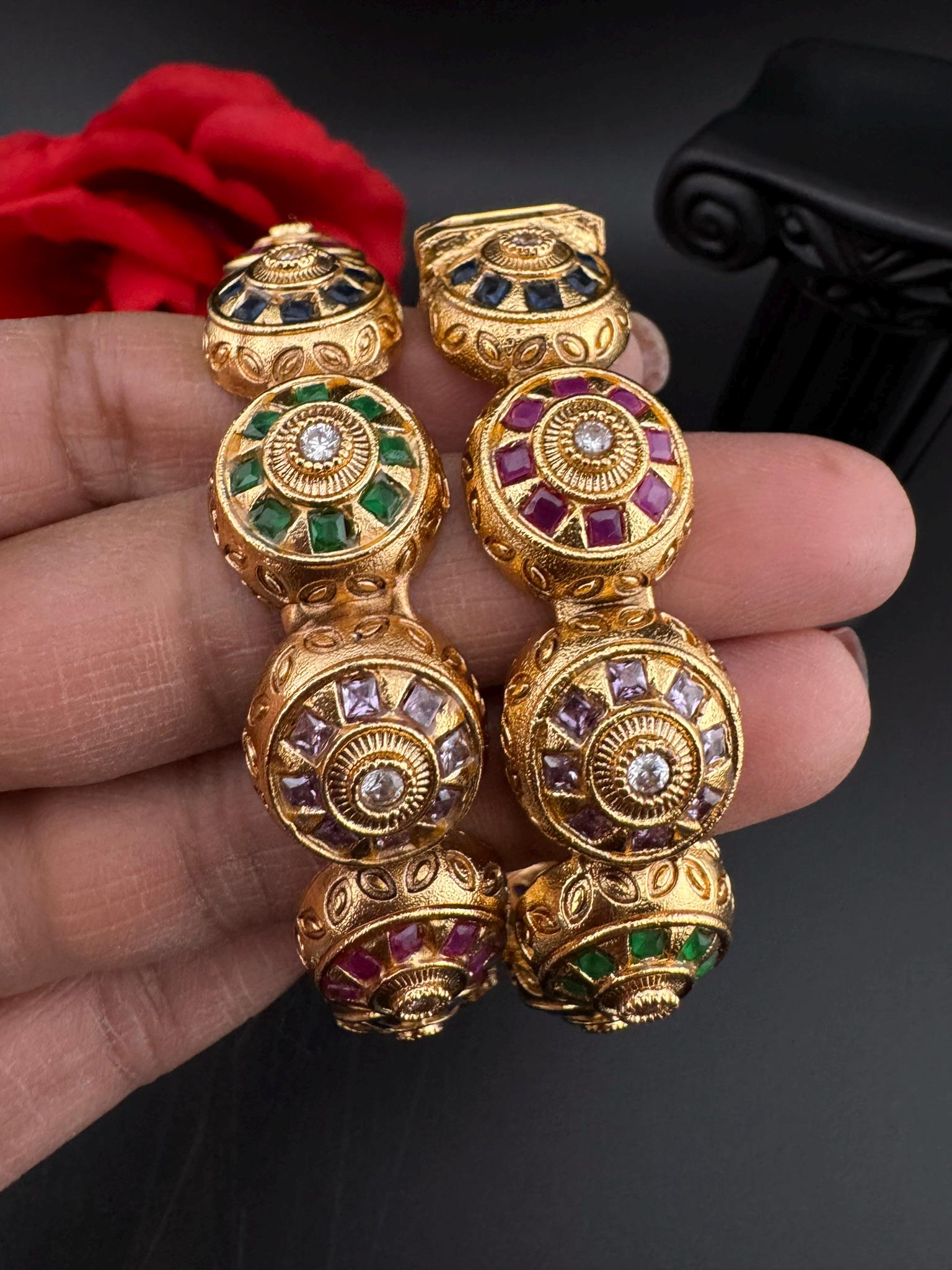 Openable Matt Gold and multicolor stones is Amrapali inspired Designer bangles set/Indian Kada set/Temple jewelry/Gold Bangle/Rajwadi Bangle