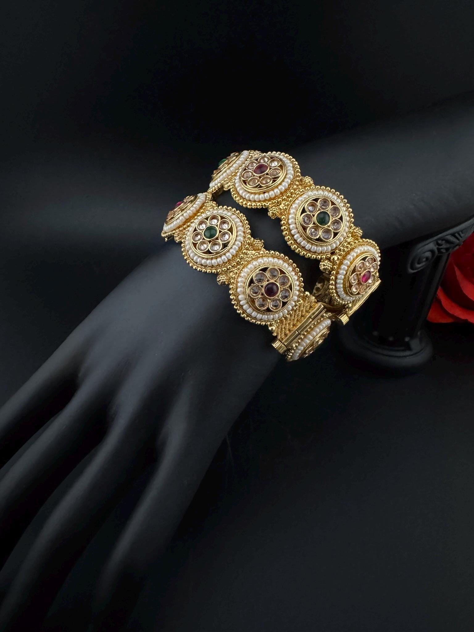 Amrapali inspired Designer Openable bangles in Matt Gold and multicolor stones