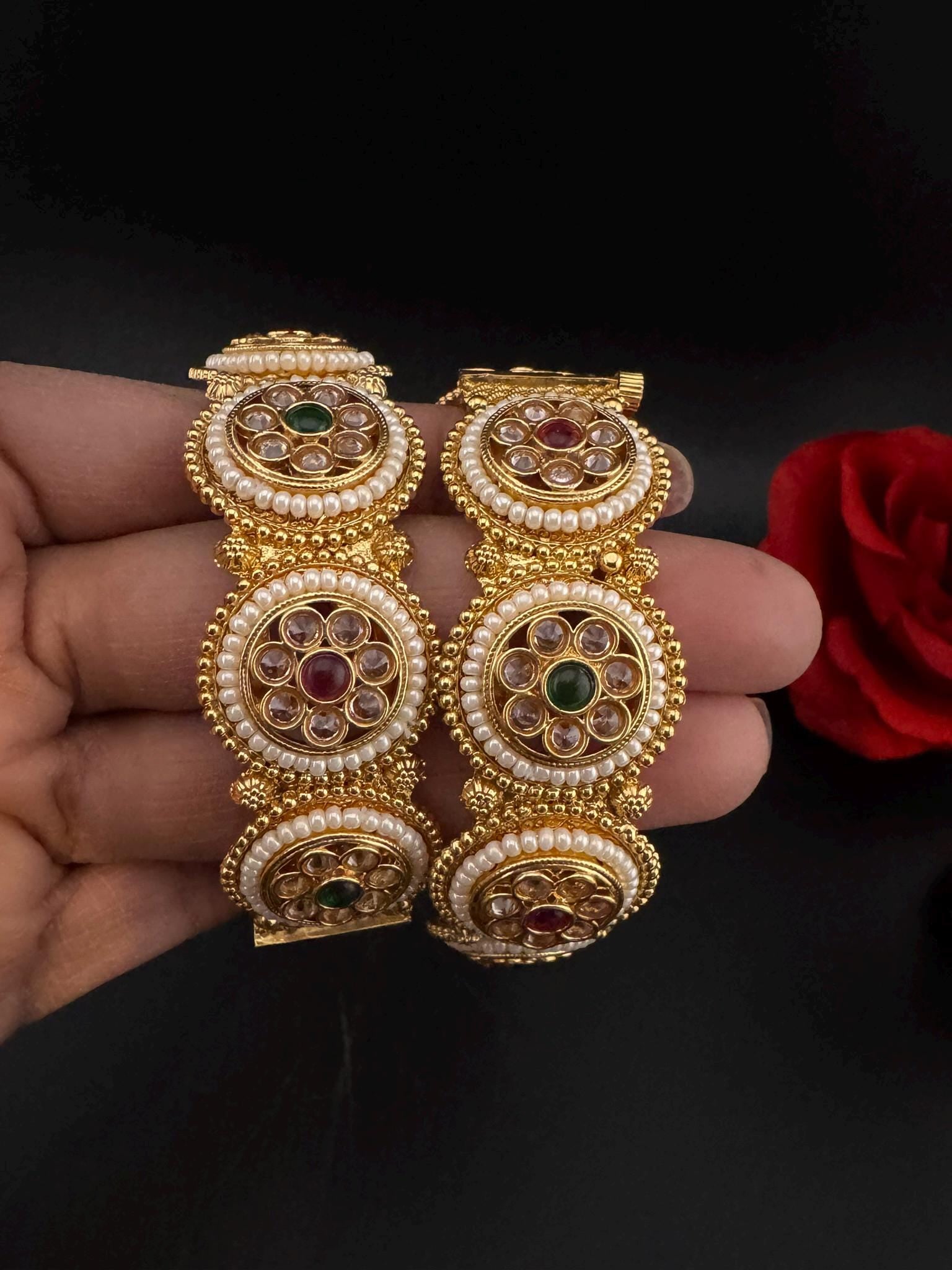 Amrapali inspired Designer Openable bangles in Matt Gold and multicolor stones