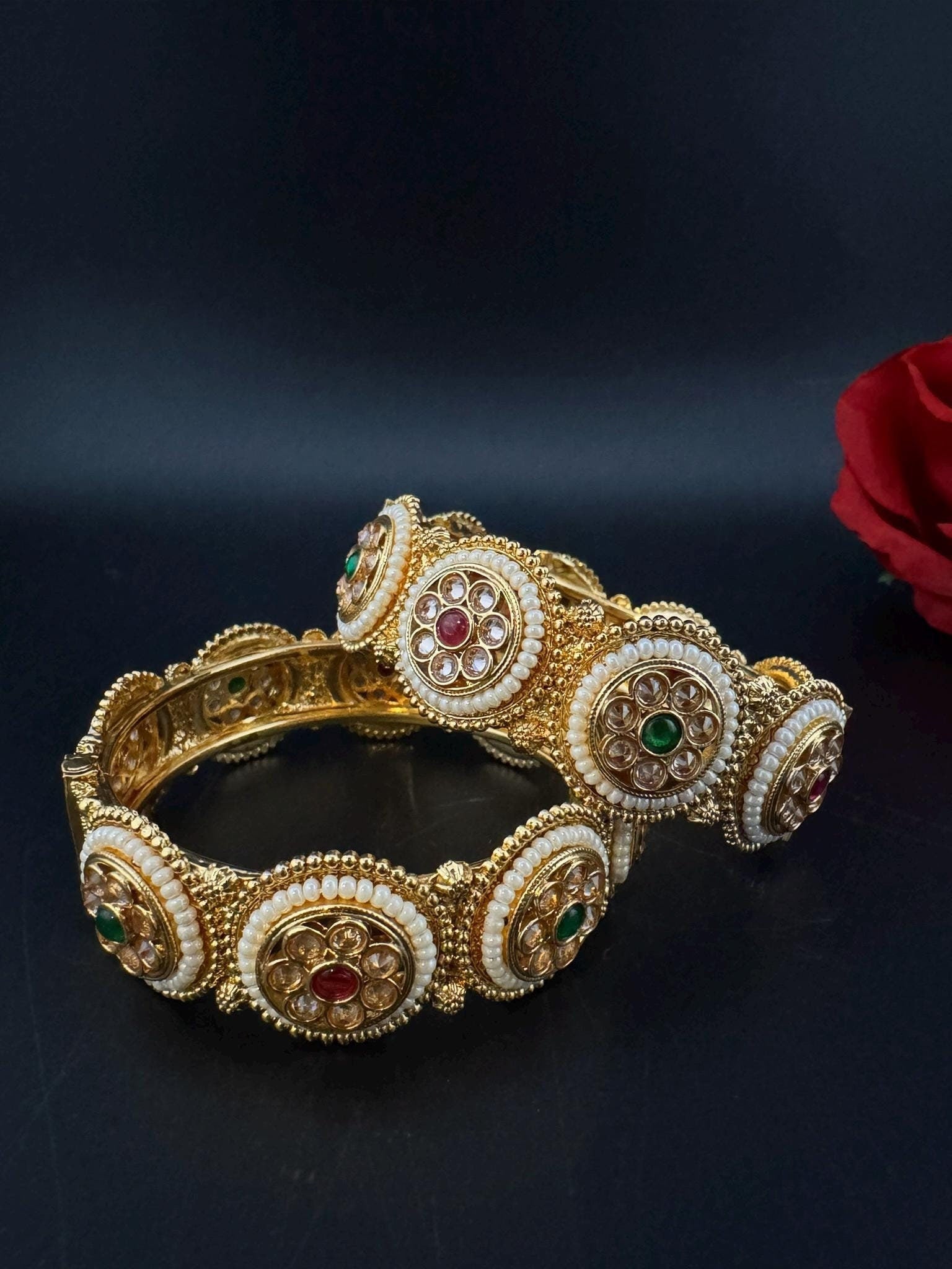 Amrapali inspired Designer Openable bangles in Matt Gold and multicolor stones