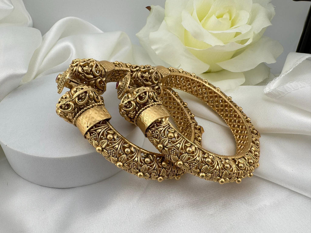 Amrapali inspired Designer Openable bangles in Matt Gold and ruby stones set of 2