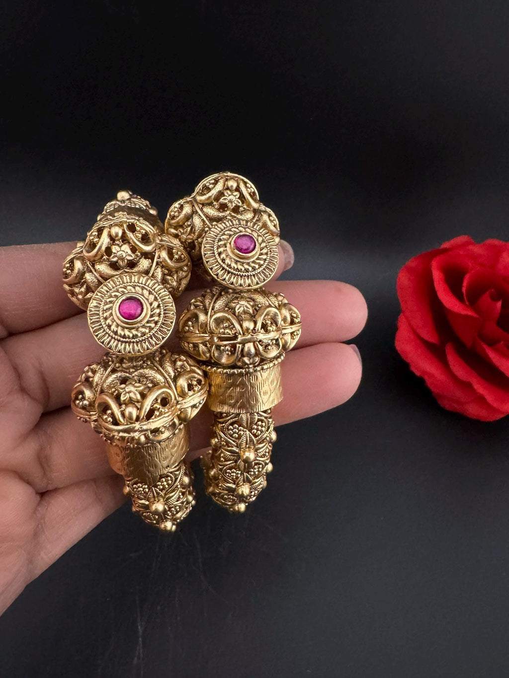 Amrapali inspired Designer Openable bangles in Matt Gold and ruby stones set of 2