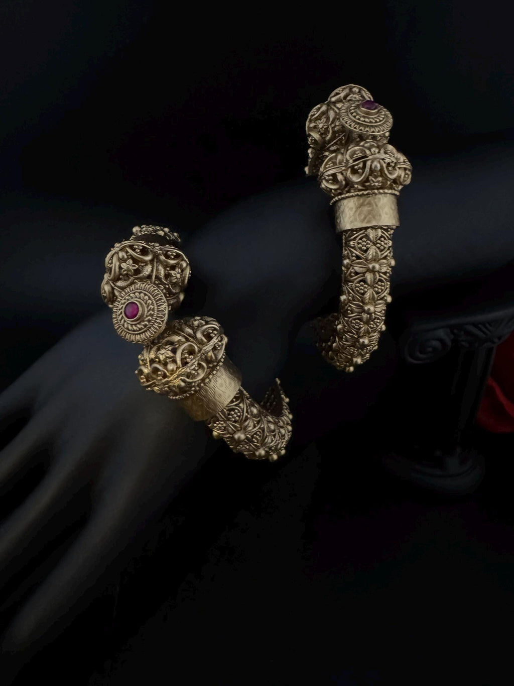 Amrapali inspired Designer Openable bangles in Matt Gold and ruby stones set of 2