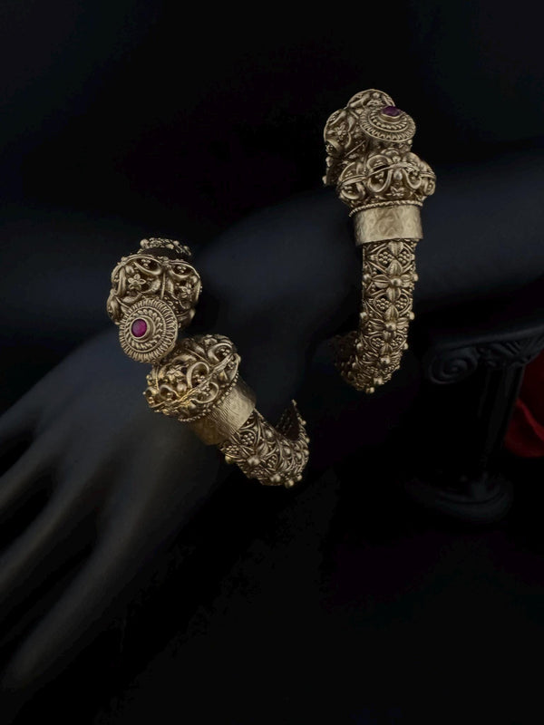 Amrapali inspired Designer Openable bangles in Matt Gold and ruby stones set of 2
