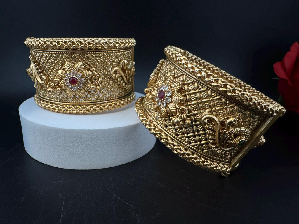 Amrapali inspired Designer bangles set, Openable Matt Gold Broad bangle set size-2.4"