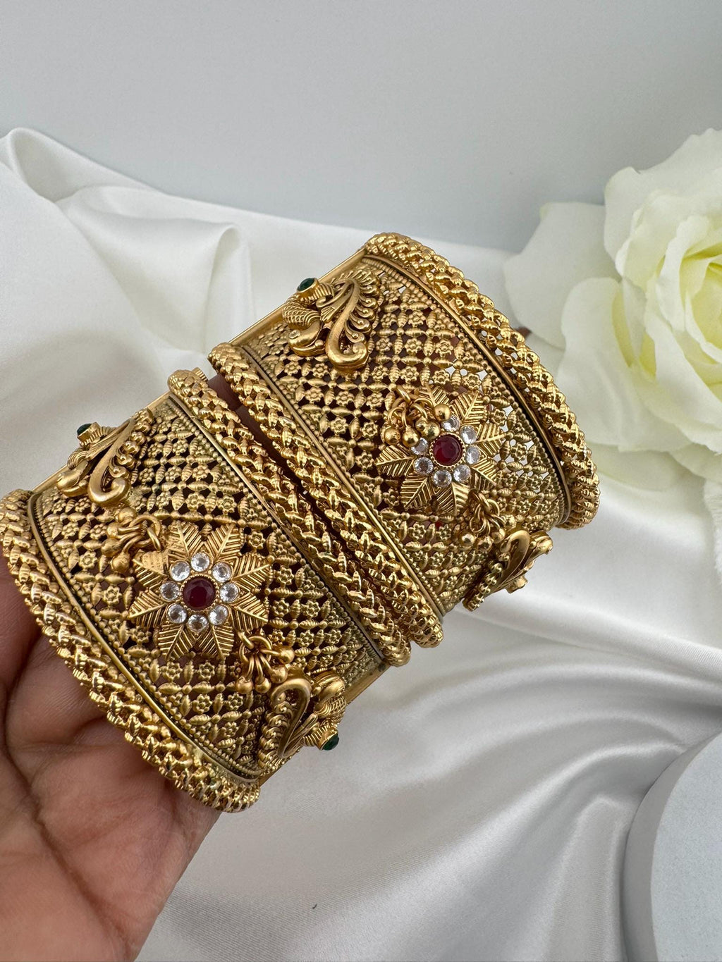 Amrapali inspired Designer bangles set, Openable Matt Gold Broad bangle set size-2.4"