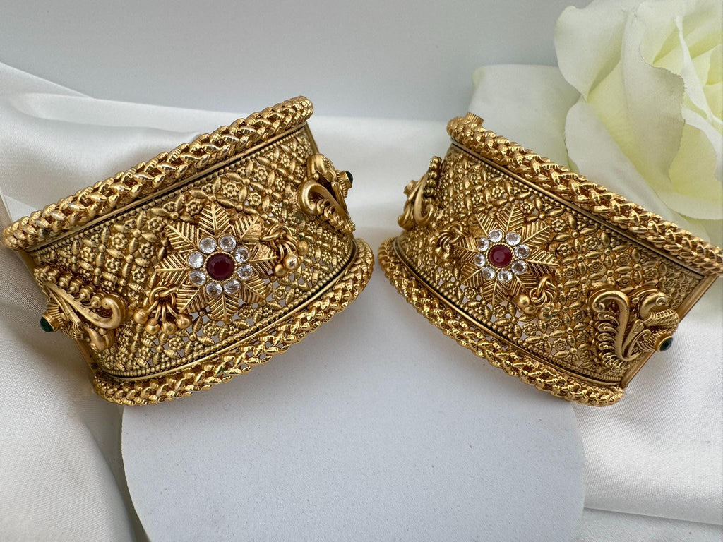 Amrapali inspired Designer bangles set, Openable Matt Gold Broad bangle set size-2.4"